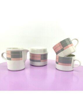 Vintage 80s Ranmaru cups, sugar &creamer set,  Ranmaru Japan, pink silver